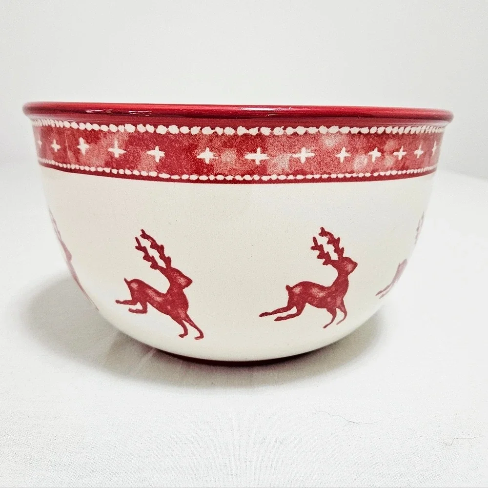 Vtg Dansk Nordic Knit Red Large Serving Bowl Holiday Reindeer Christmas Cream 9
